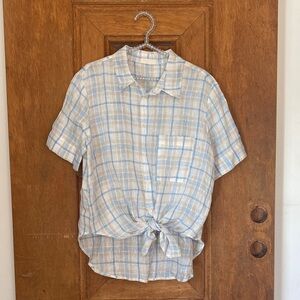 CP Shades Light Blue White Plaid Shirt button down tie front linen LARGE